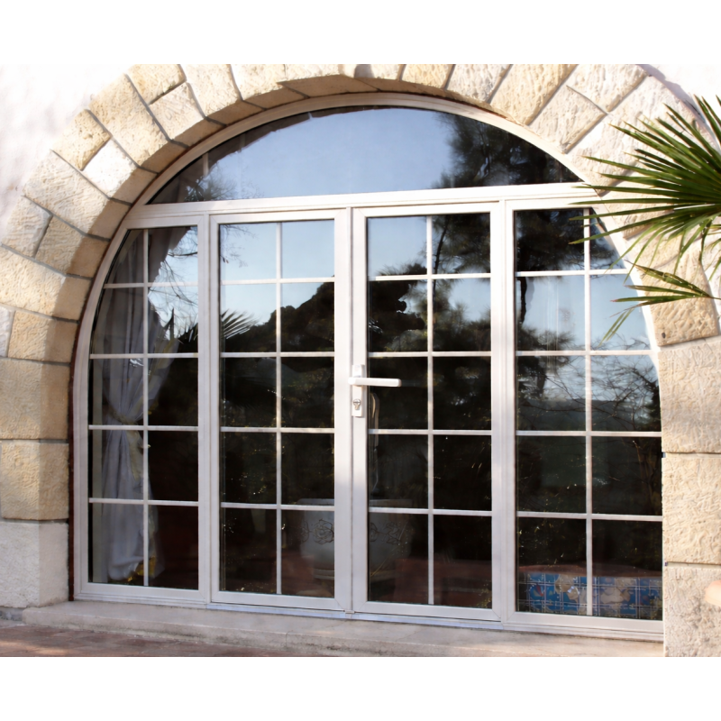 Porte d'Entrée Cintrée 2 Vantaux , 2 Fixes Latéraux et Imposte Fixe Aluminium